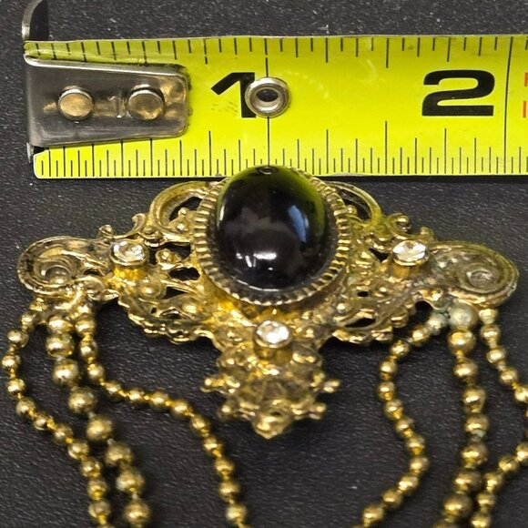 VTG Germany Baroque Revival Gold Tone Brooch Black Cabochon Rhinestones FLAW - Picture 8 of 10